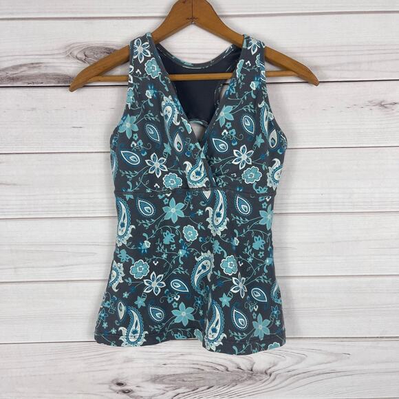 Marika Floral Print Tank Top - Gray and Teal - Picture 1 of 7